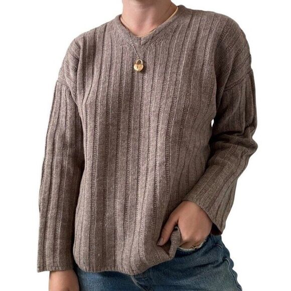 Vintage J Crew Womens Tan Brown Ribbed 100% Wool V Neck Cropped Sweater Sz L - Picture 4 of 8